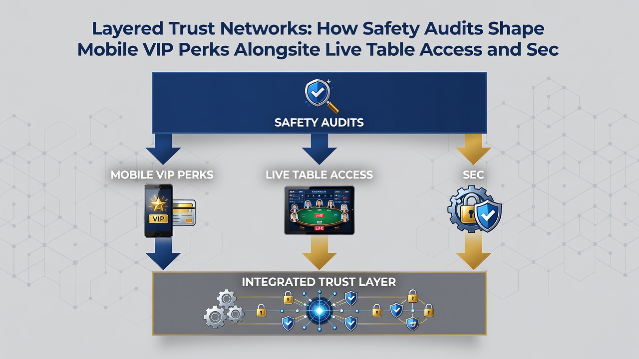 Diagram showing audit checkpoints linking VIP rewards, live dealer tables, and encrypted fund transfers in a mobile casino environment