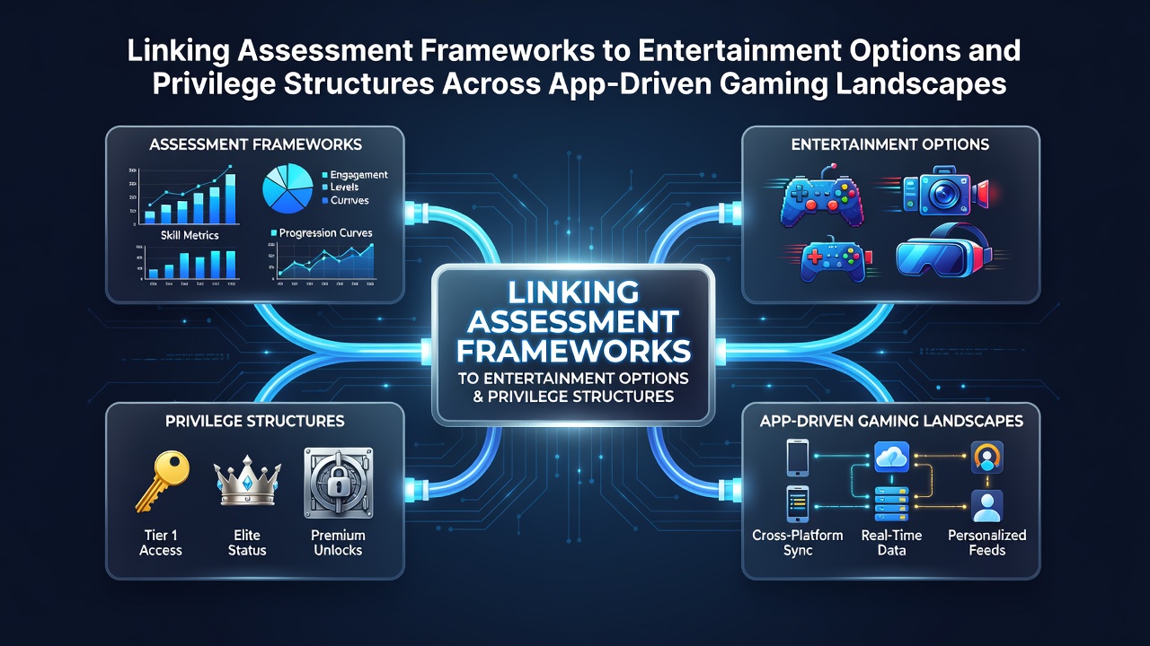 Mobile gaming interfaces displaying assessment metrics alongside various entertainment selections and tiered access indicators