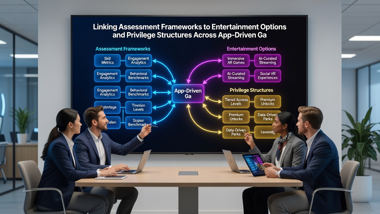 Dashboard views of privilege tiers connected to mobile game libraries and evaluation score overlays