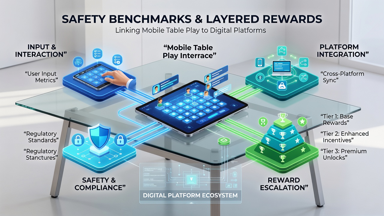 Layered reward dashboard on a mobile device illustrating connections between verified table sessions and accumulating loyalty benefits